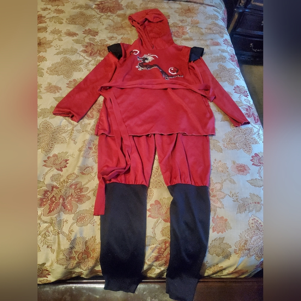 Red and Black Hooded Outfit with Dragon Design
